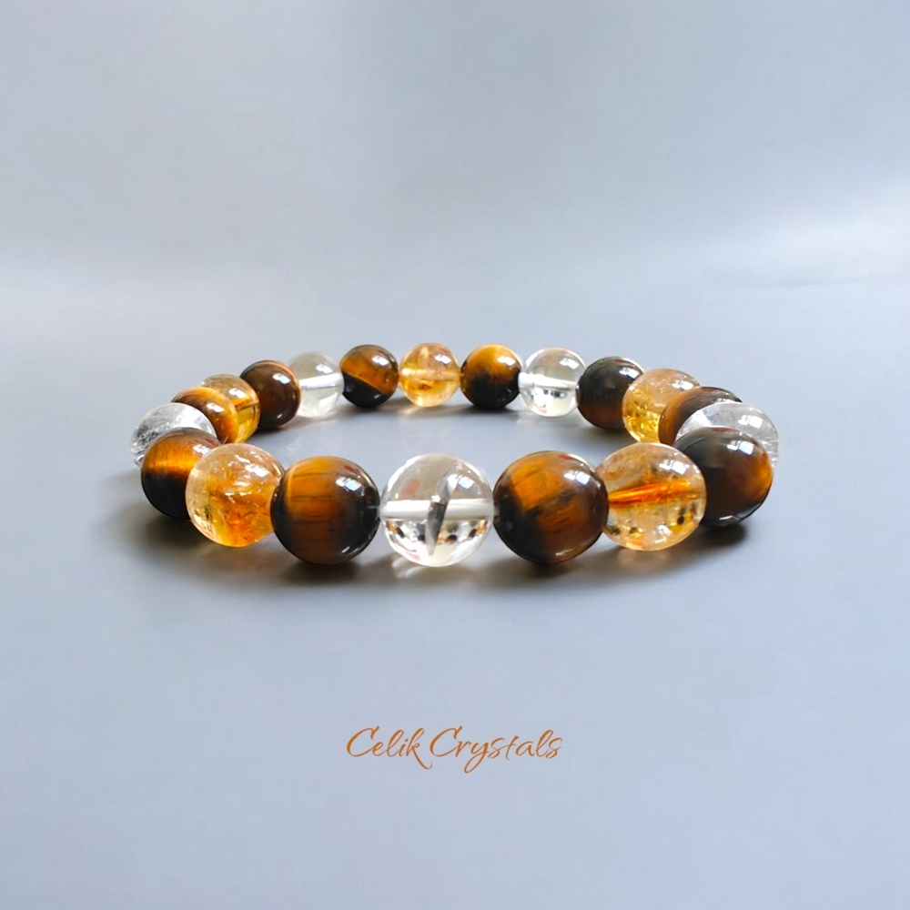 Citrine, Tiger Eye, Clear Quartz Bracelet Unisex 10mm Natural Stones